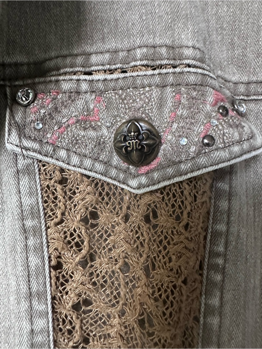 Miss Me Green Denim Mixed Media Jacket Large Sweatshirt Sleeve Patterned - Picture 3 of 9